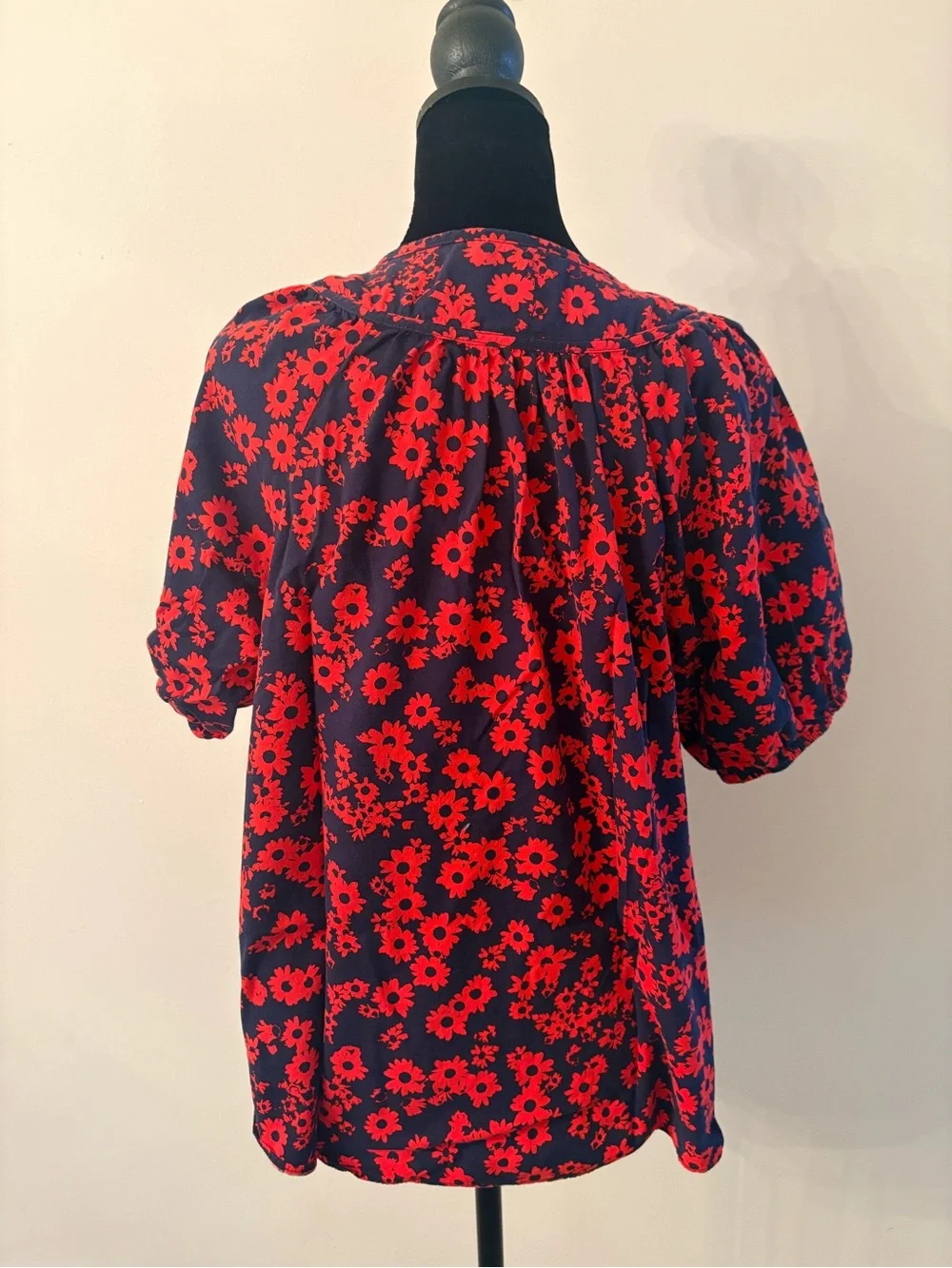 LOFT Navy Blouse with Red Floral Print